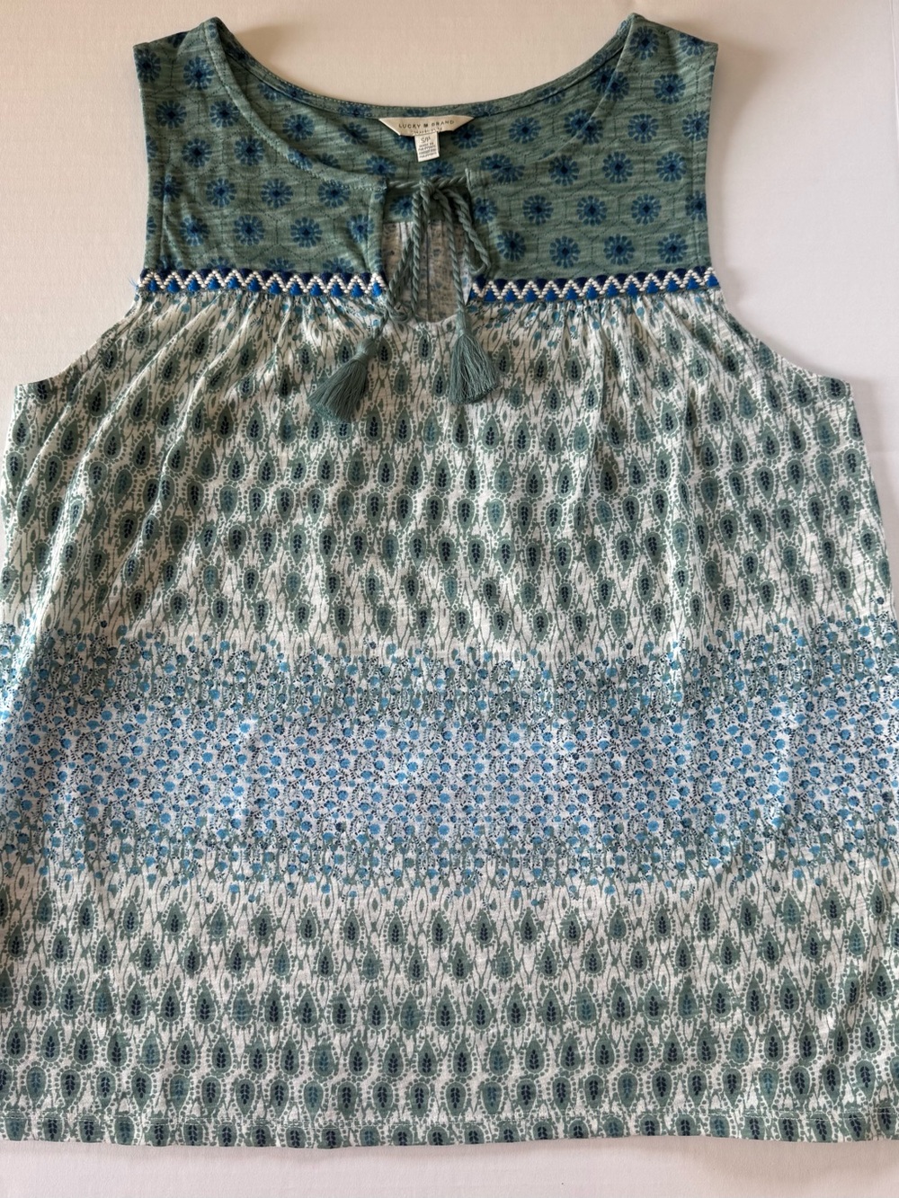 Lucky Brand Sleeveless Boho Tassel Tie Top Teal and Blue Small S